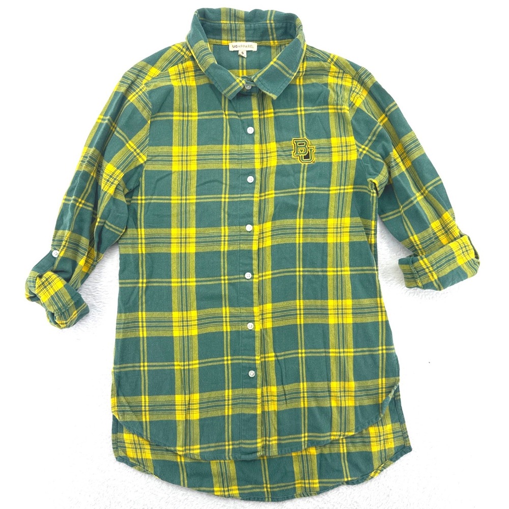 Baylor University Bears BU Flannel Shirt Small Green Yellow Plaid Button Down